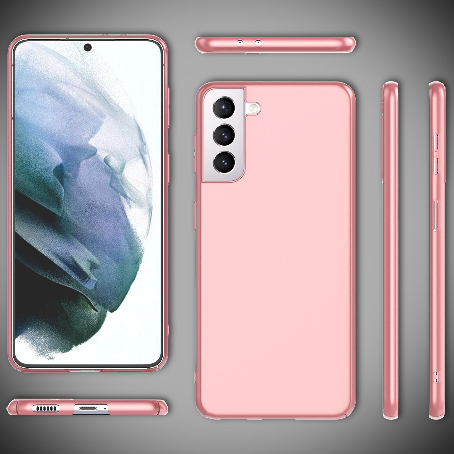 Mehrere Ansichten einer rosa Handyhülle, die das Design und die Funktionen des Telefons auf grauem Hintergrund zeigen.