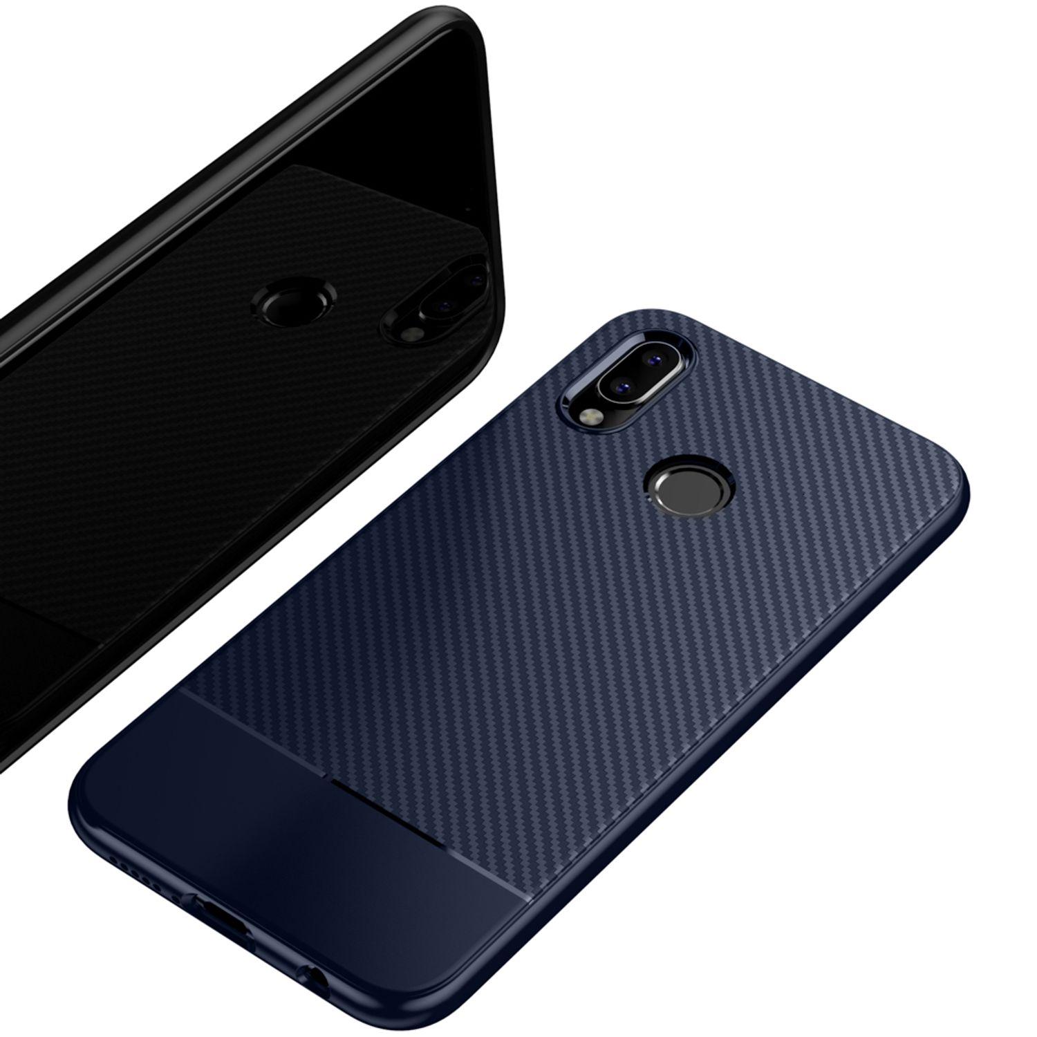 Zwei Telefone und eine Handyhülle. Ein Telefon ist schwarz, das andere in marineblauer Hülle.
