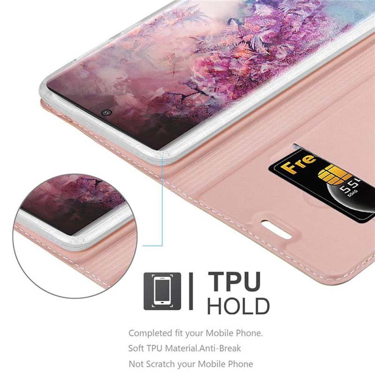 Un telefono all'interno di una custodia rosa, con una carta visibile, il testo 'TPU HOLD' è stampato.