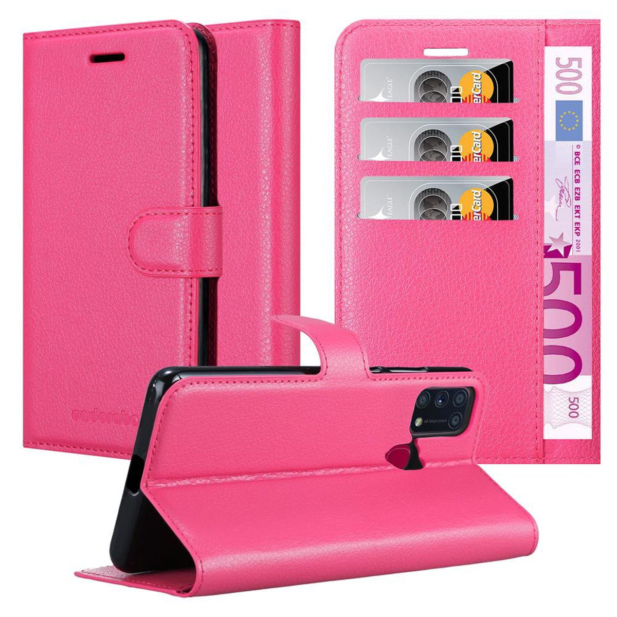 Una custodia per telefono rosa con design a portafoglio. Tre slot per carte e un'area contanti.