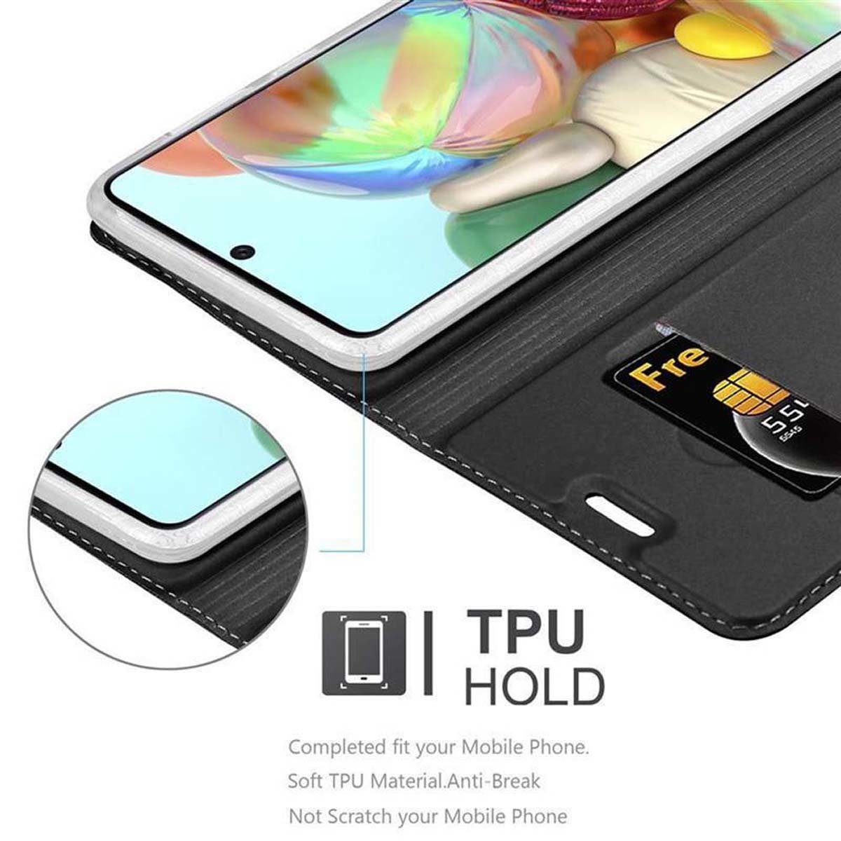 Custodia per telefono, aperta, che mostra una carta di credito. Testo: Supporto TPU. Adattamento completo per il tuo cellulare. Sfondo nero.