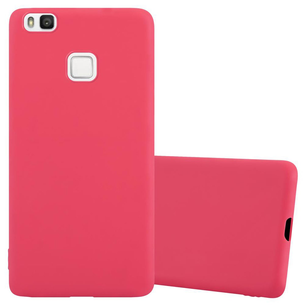 Dos fundas rojas para teléfono. Una de pie, otra acostada. Ambas tienen cámara y diseño cuadrado.