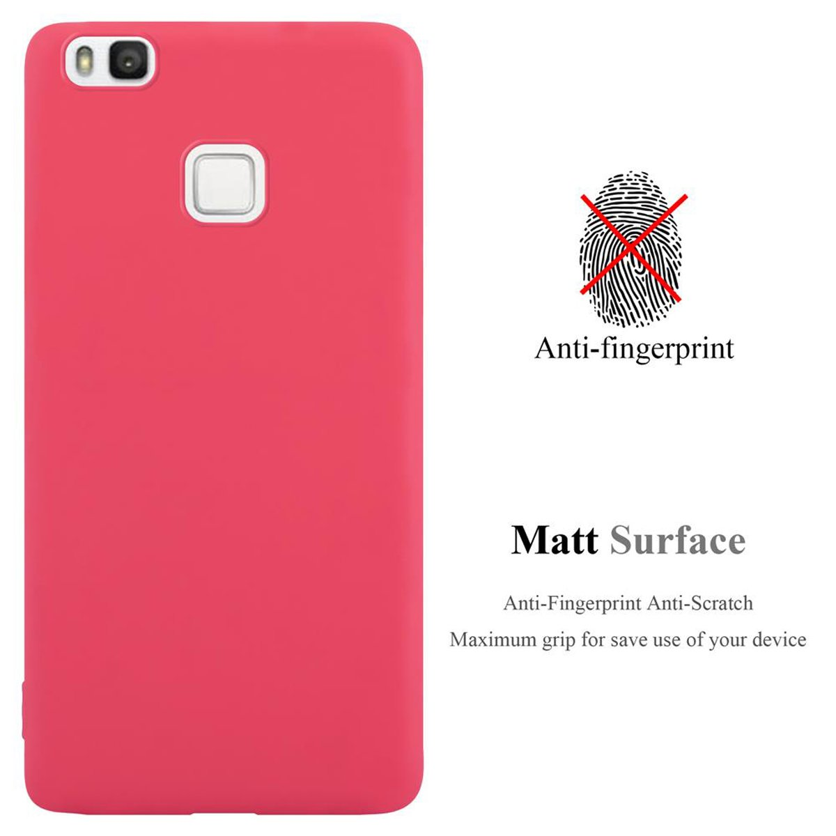 Una funda roja para teléfono con superficie mate, anti-huellas y una imagen de huella dactilar con una cruz.