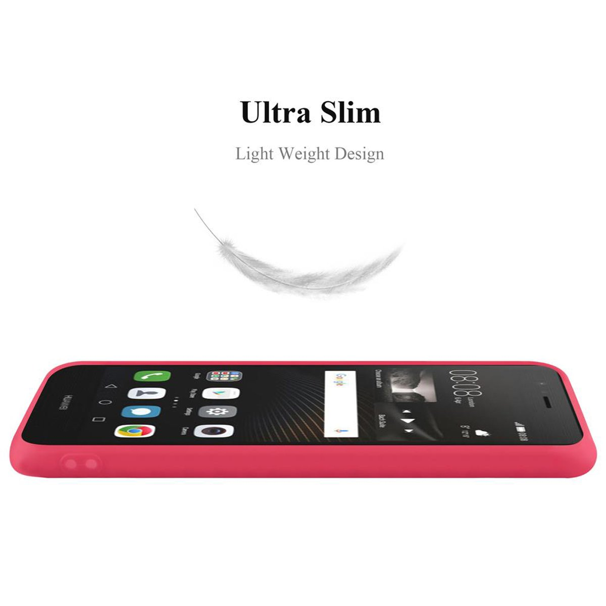 Un teléfono rojo con pantalla negra y las palabras «Ultra Slim» en la parte superior.