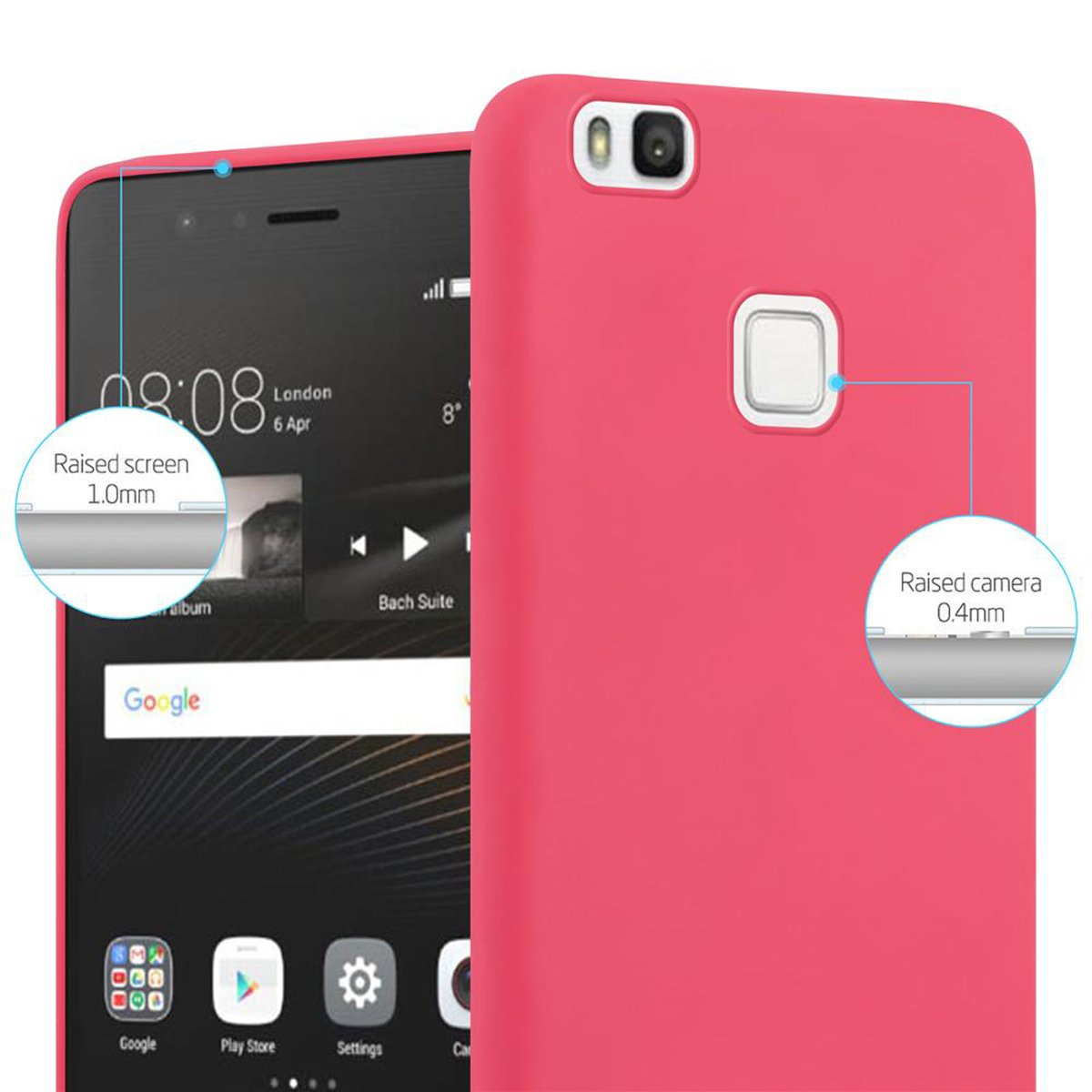 Teléfono y una funda rosa, que muestra las características de protección de pantalla y cámara elevadas.