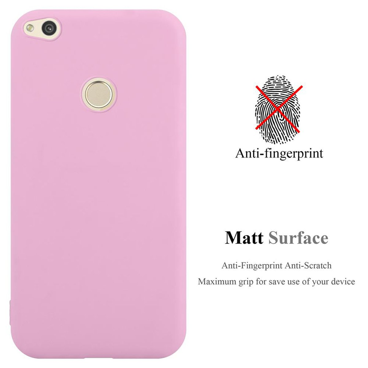Funda rosa para teléfono con texto anti-huellas y anti-arañazos. Un símbolo de huella dactilar tachado.