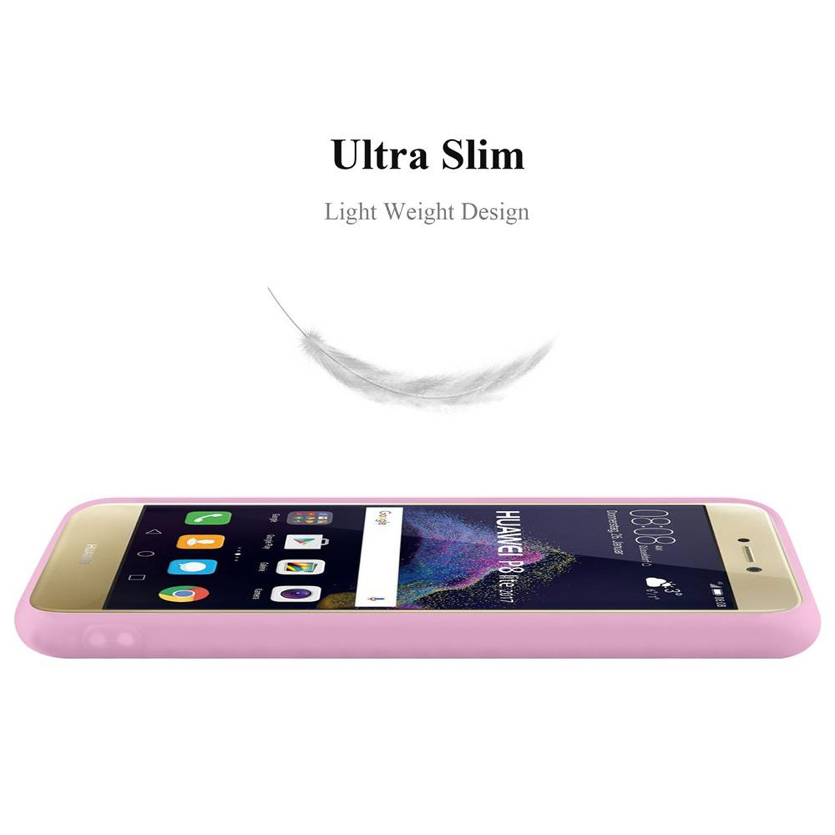 Teléfono rosa sobre una superficie, mostrando la pantalla con aplicaciones.