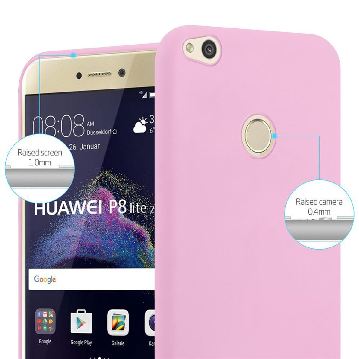 Teléfono rosa con funda. La pantalla muestra la hora y la fecha. Pantalla y cámara elevadas.