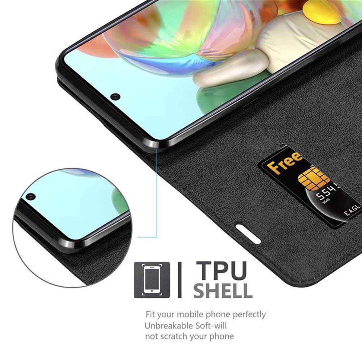 Una custodia per telefono, nera, aperta, con una carta. Lo schermo del telefono è visibile. Viene visualizzato il testo della scocca in TPU.