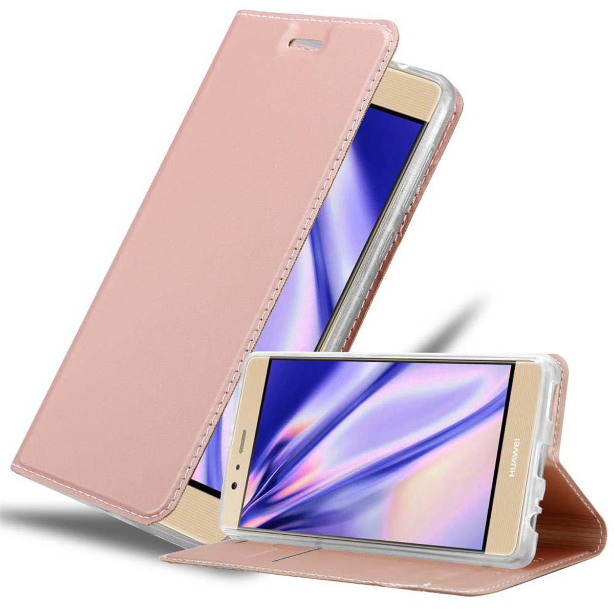 Funda de teléfono rosa con un teléfono dentro y otro apoyado en la cubierta.
