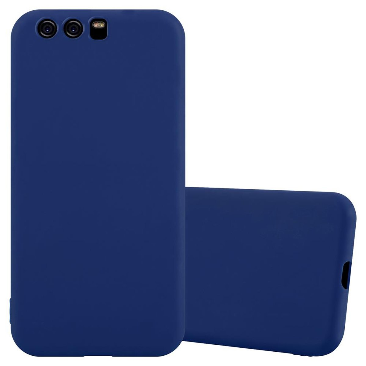 Dos fundas azules para teléfono. Una está tumbada y la otra de pie.