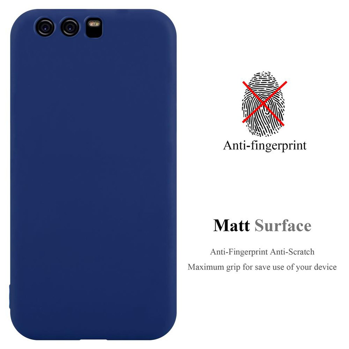 Funda azul para teléfono con recortes para cámara. Texto: Antihuellas, superficie mate, antiarañazos y agarre.