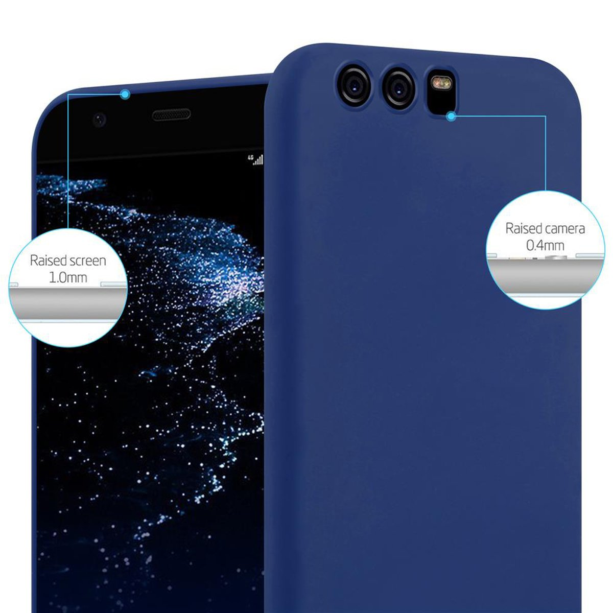 Teléfono azul con pantalla y cámara elevadas, con anotaciones.