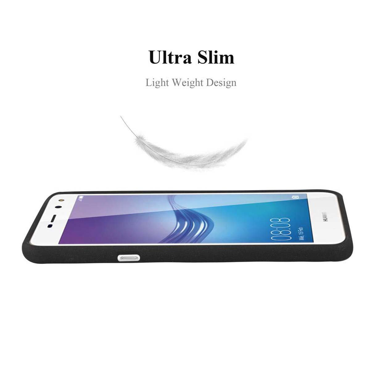 Un telefono nero su sfondo bianco con testo 'Ultra Slim Light Weight Design' e una piuma.