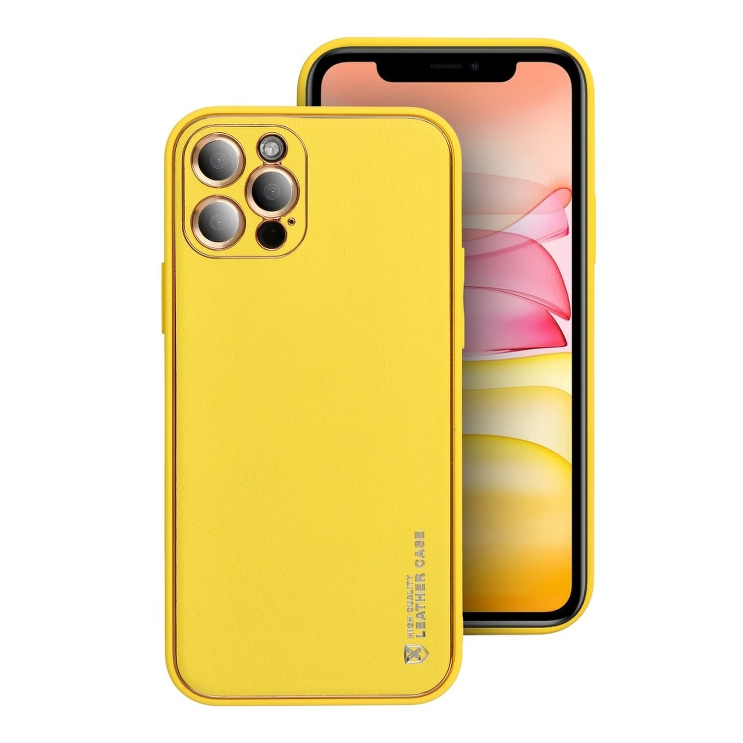 Gelbe Handyhülle mit einem gelben Telefon. Die Hülle hat ein Lederdesign.