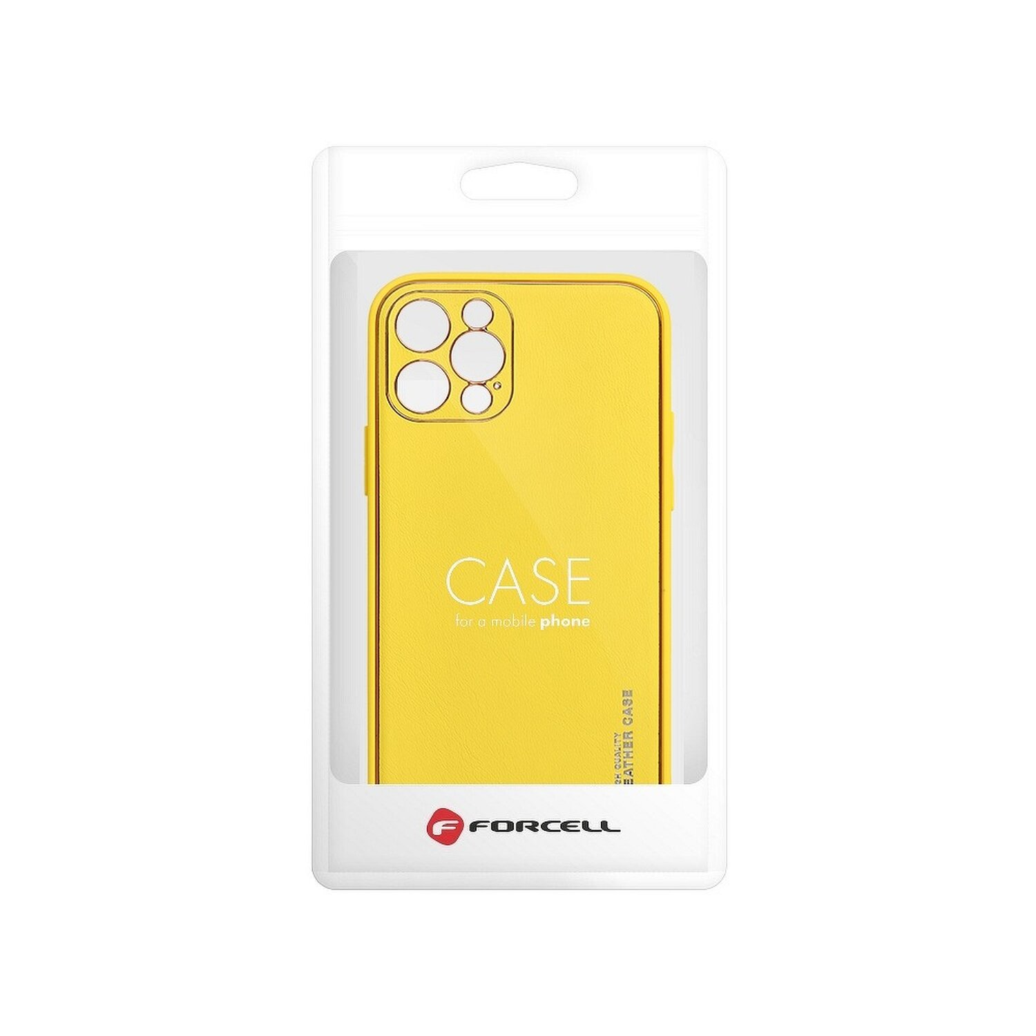 Gelbe Handyhülle in einer Plastikverpackung mit dem Wort CASE und dem FORCELL-Logo.