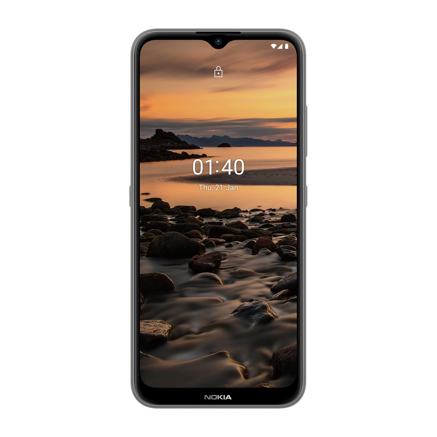 Schwarzes Telefon zeigt Sonnenuntergangsbild. Telefon vor weißem Hintergrund.