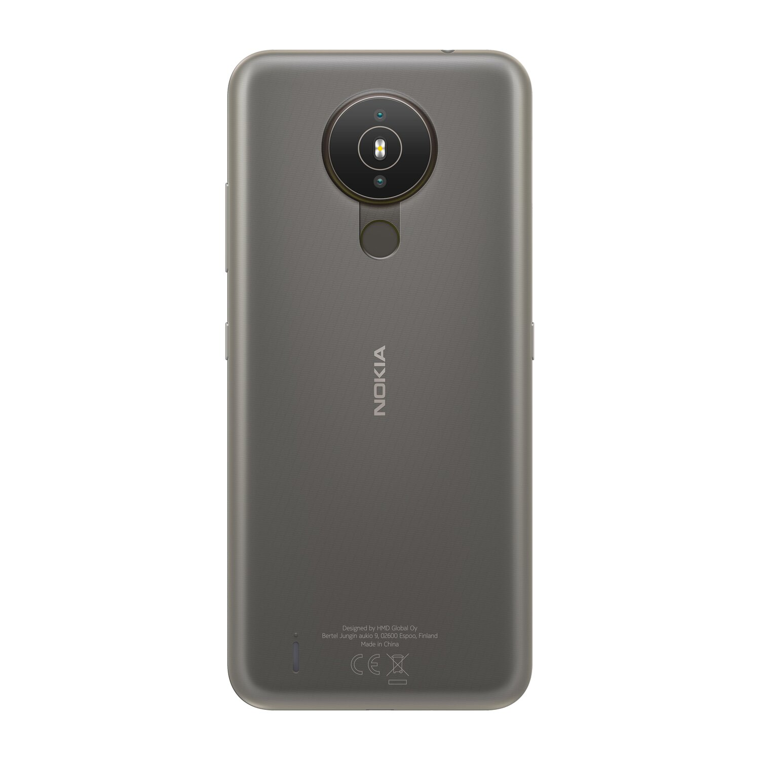 Graues Nokia-Telefon, Rückansicht, mit Kamera und Text: 'Designed by HMD Global' und 'Made in China'.