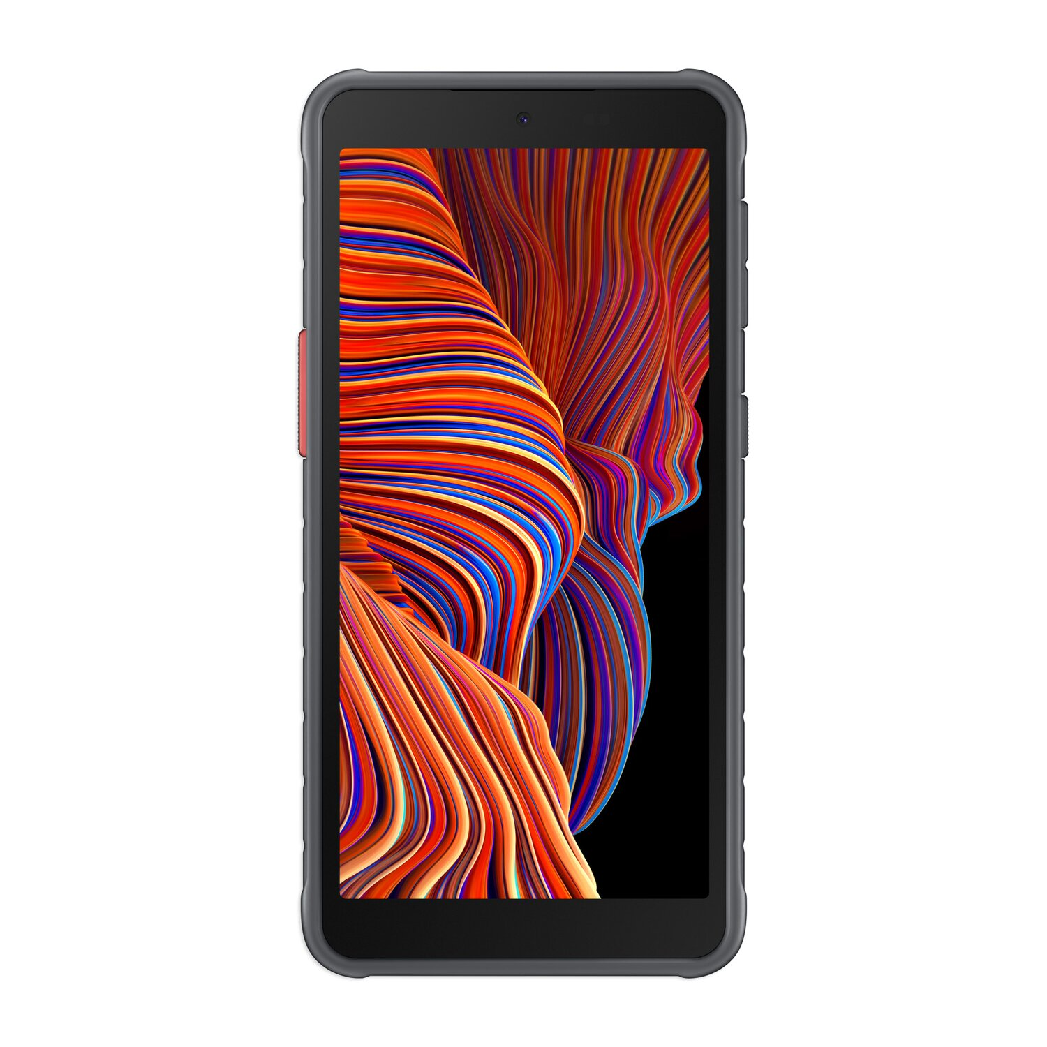 Ein schwarzes, robustes Tablet mit einem Bildschirm, der farbenfrohe abstrakte Kunst zeigt. Es hat einen schwarzen Rahmen.