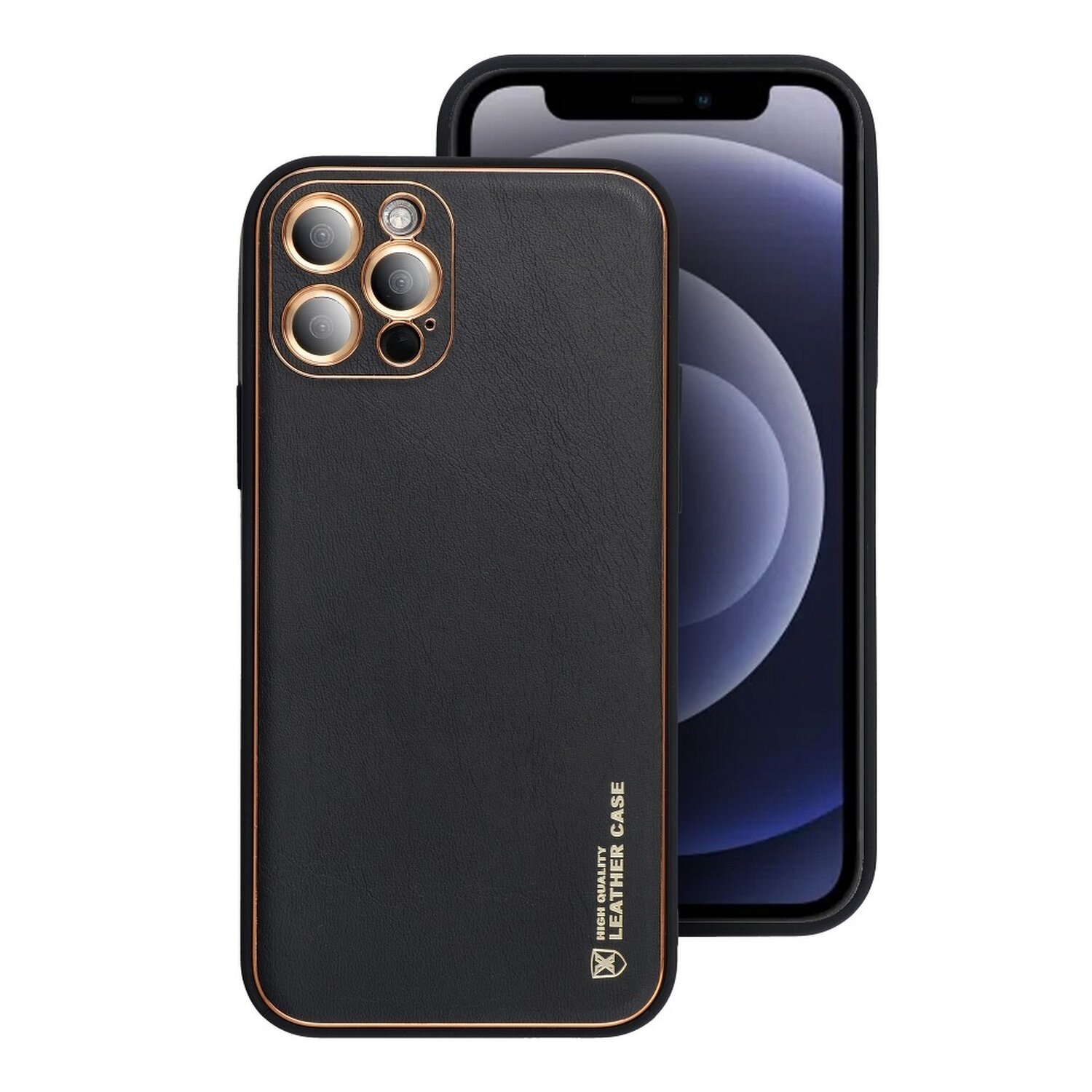 Schwarze Leder-Handyhülle mit goldenen Zierleisten und Kameraausschnitten. Telefon rechts sichtbar.