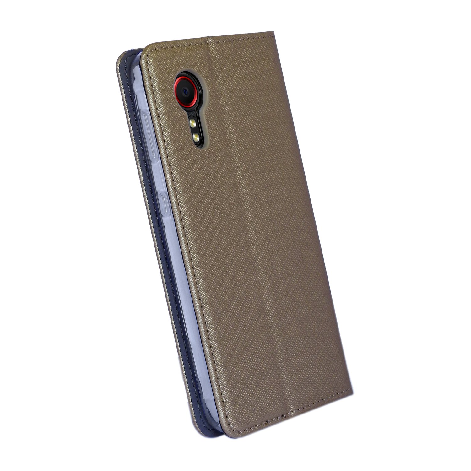 Eine braune Telefonhülle, geschlossen, mit strukturierter Oberfläche. Es hat ein Kameraloch und ein rotes Detail.