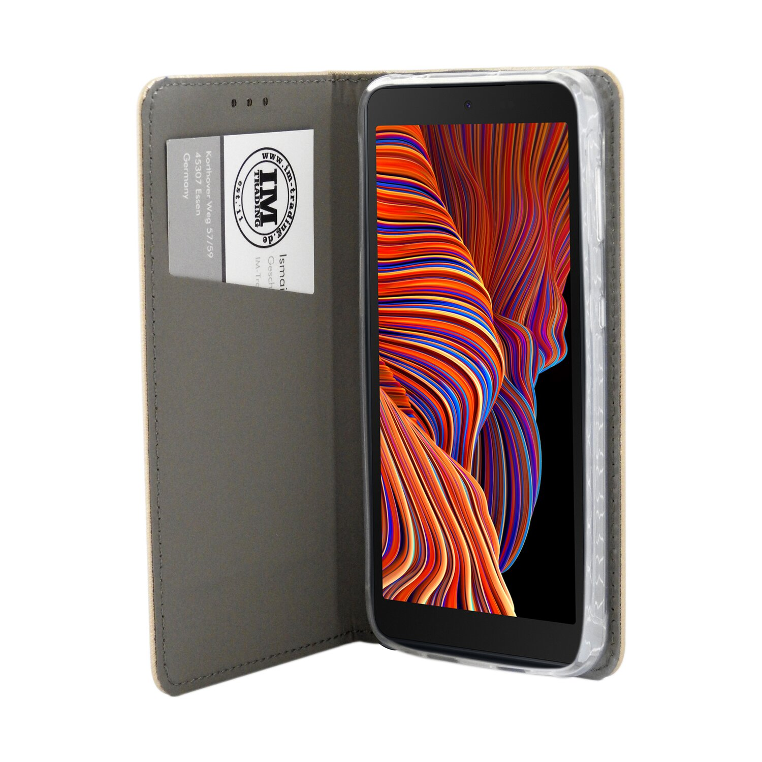 Ein Telefon in einer Lederhülle mit Brieftaschendesign. Der Bildschirm des Telefons ist sichtbar.