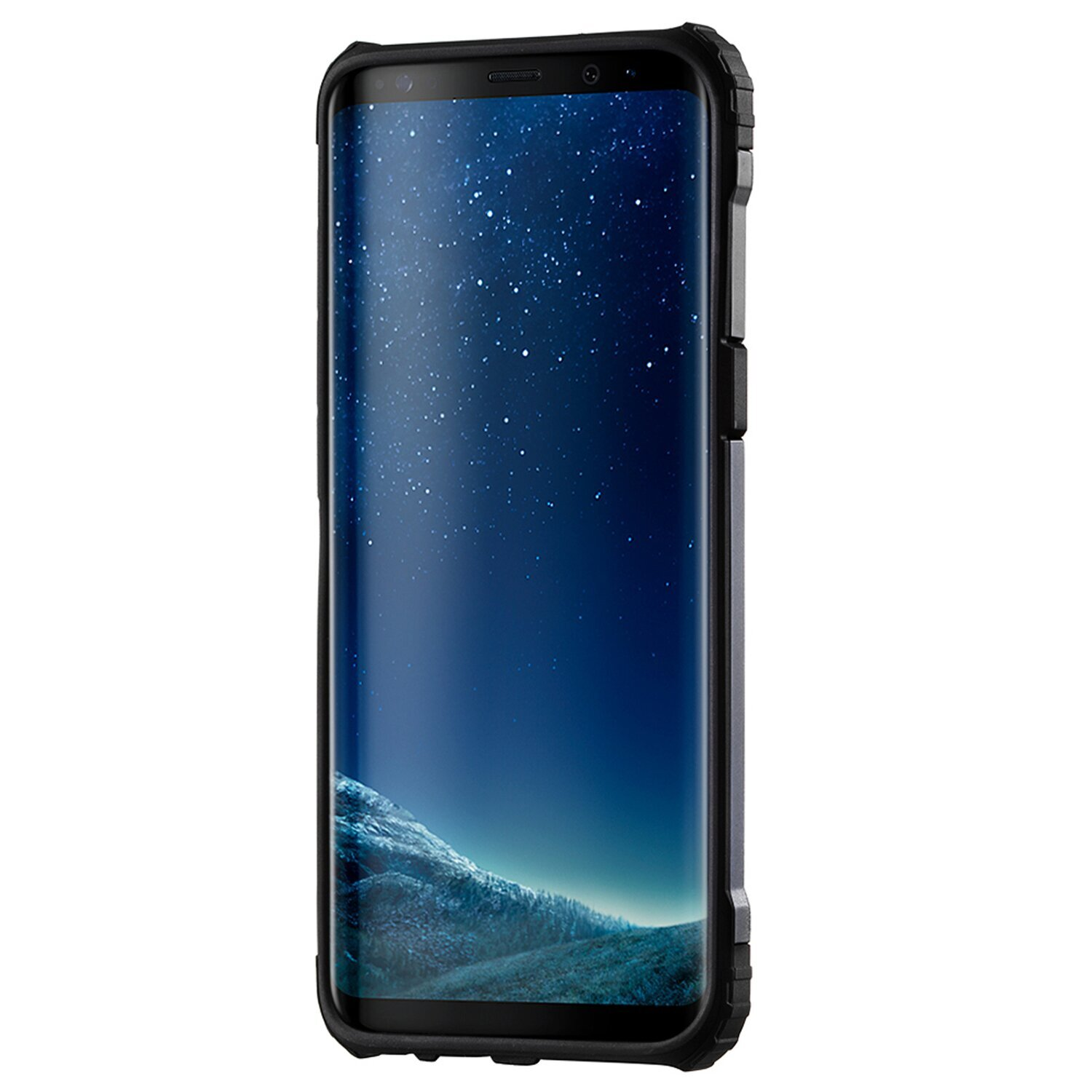 Ein schwarzes Telefon mit großem Bildschirm und einem dunkelblauen, strukturierten Hintergrund.