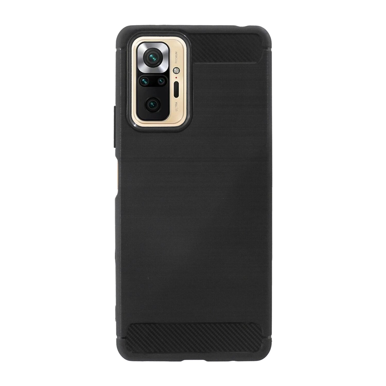 Schwarze Handyhülle mit strukturiertem Design. Kamera und Blitz sind sichtbar. Die Hülle liegt auf weißem Untergrund.