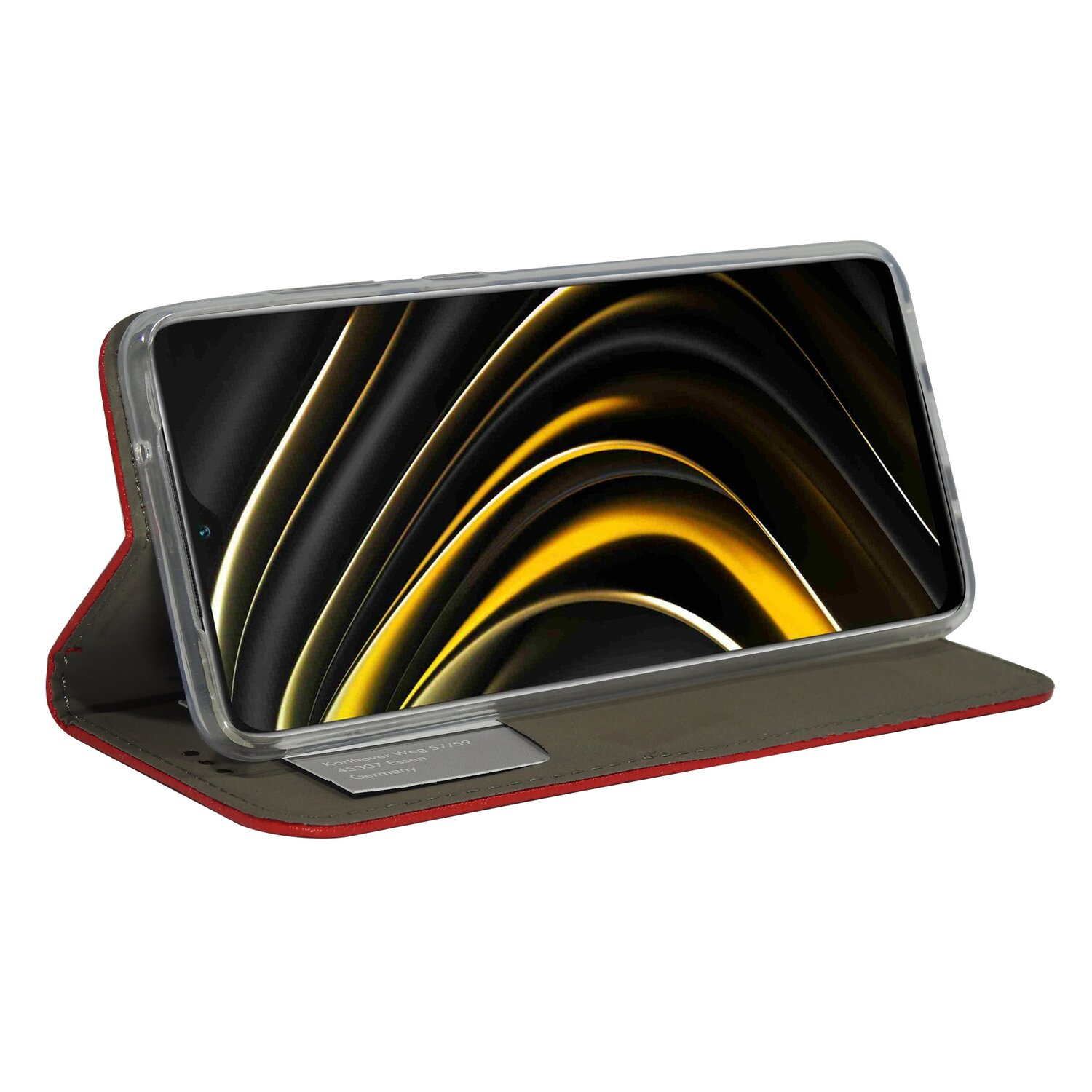 Ein Telefon in einer rot-grauen Folio-Hülle. Der Bildschirm zeigt ein gelb-schwarzes abstraktes Design.