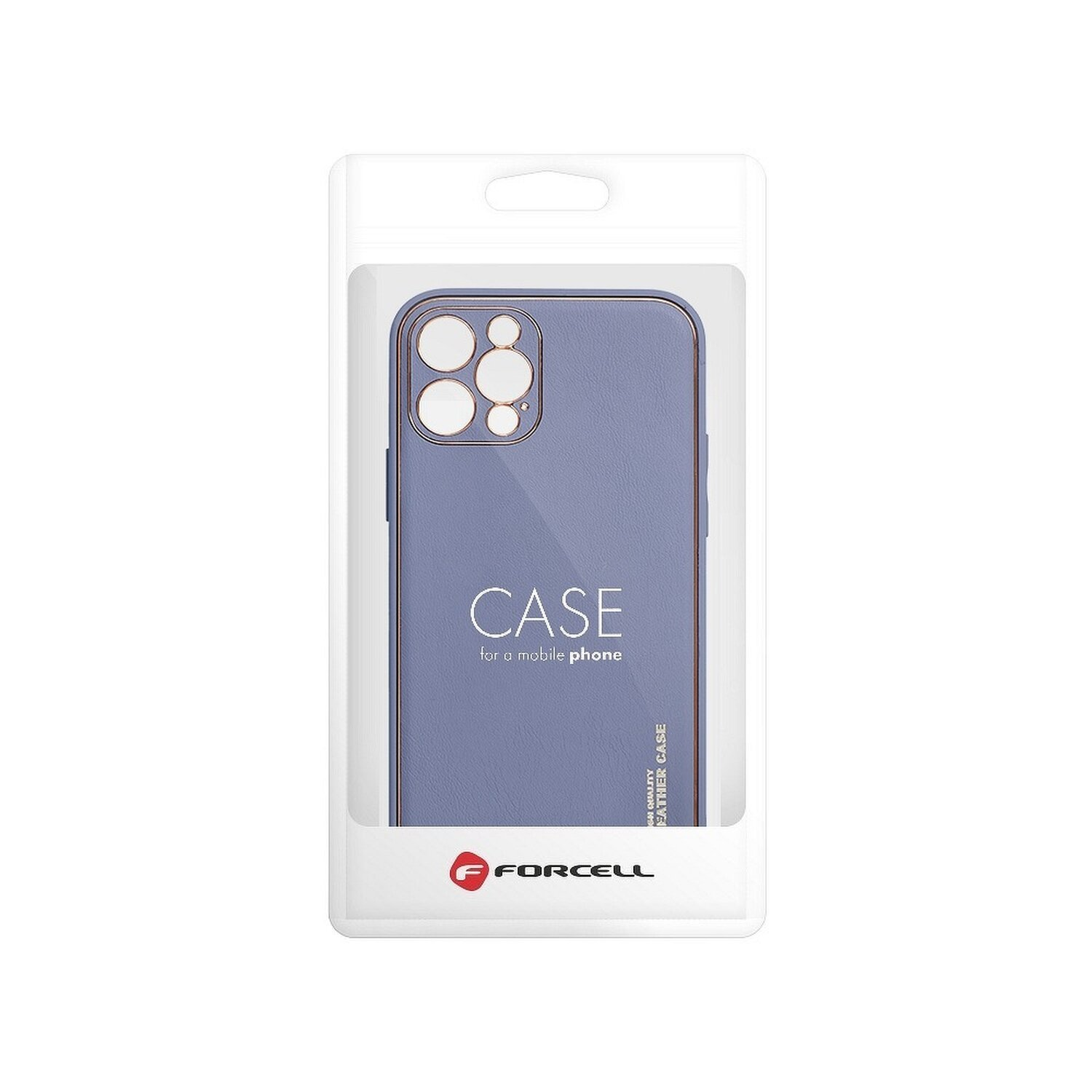 Eine Handyhülle in einer transparenten Plastikverpackung mit dem Wort CASE und dem Forcell-Logo.