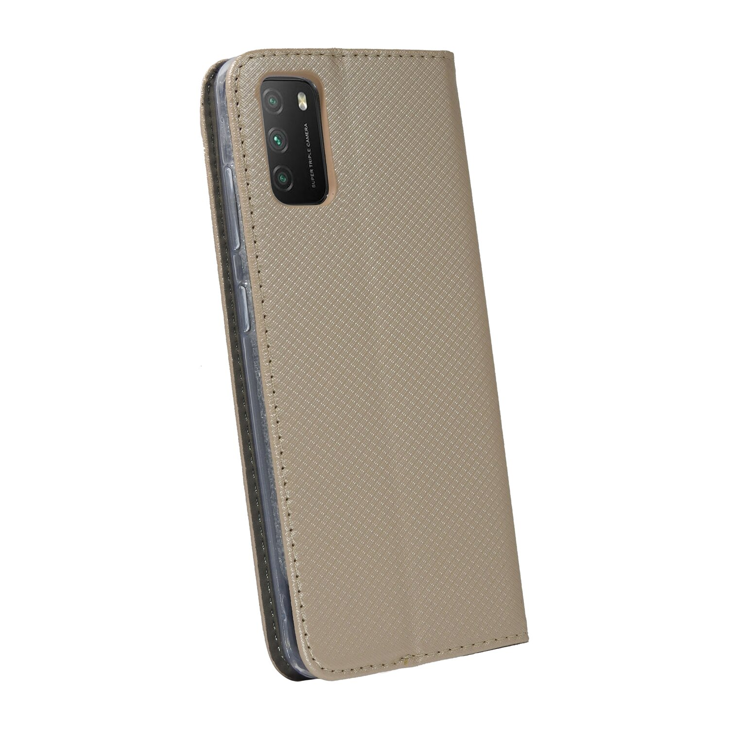 Eine Telefonhülle, die Abdeckung ist beige und strukturiert, mit einem Telefon darin. Die Hülle ist geschlossen.