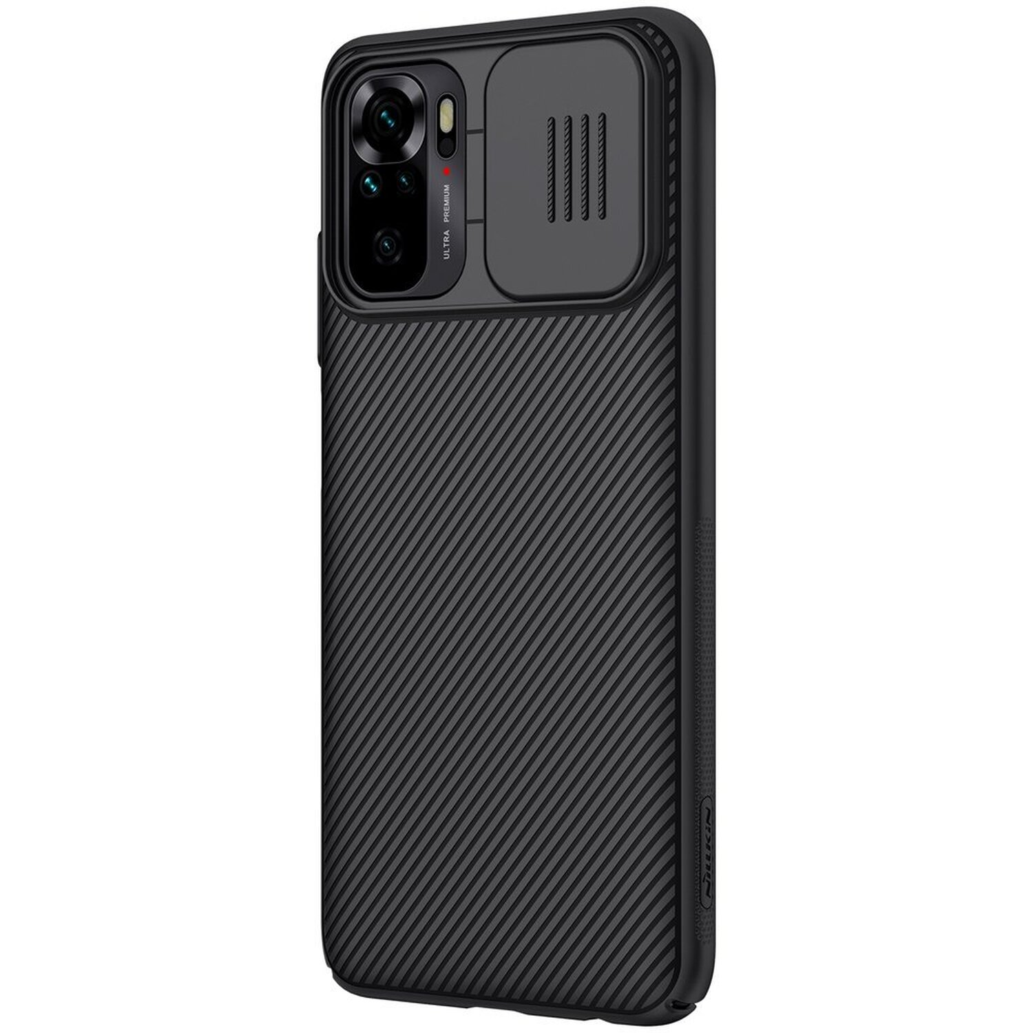 Schwarze Handyhülle mit Kameraabdeckung. Die Hülle hat eine strukturierte Oberfläche. Das Telefon befindet sich in der Hülle.