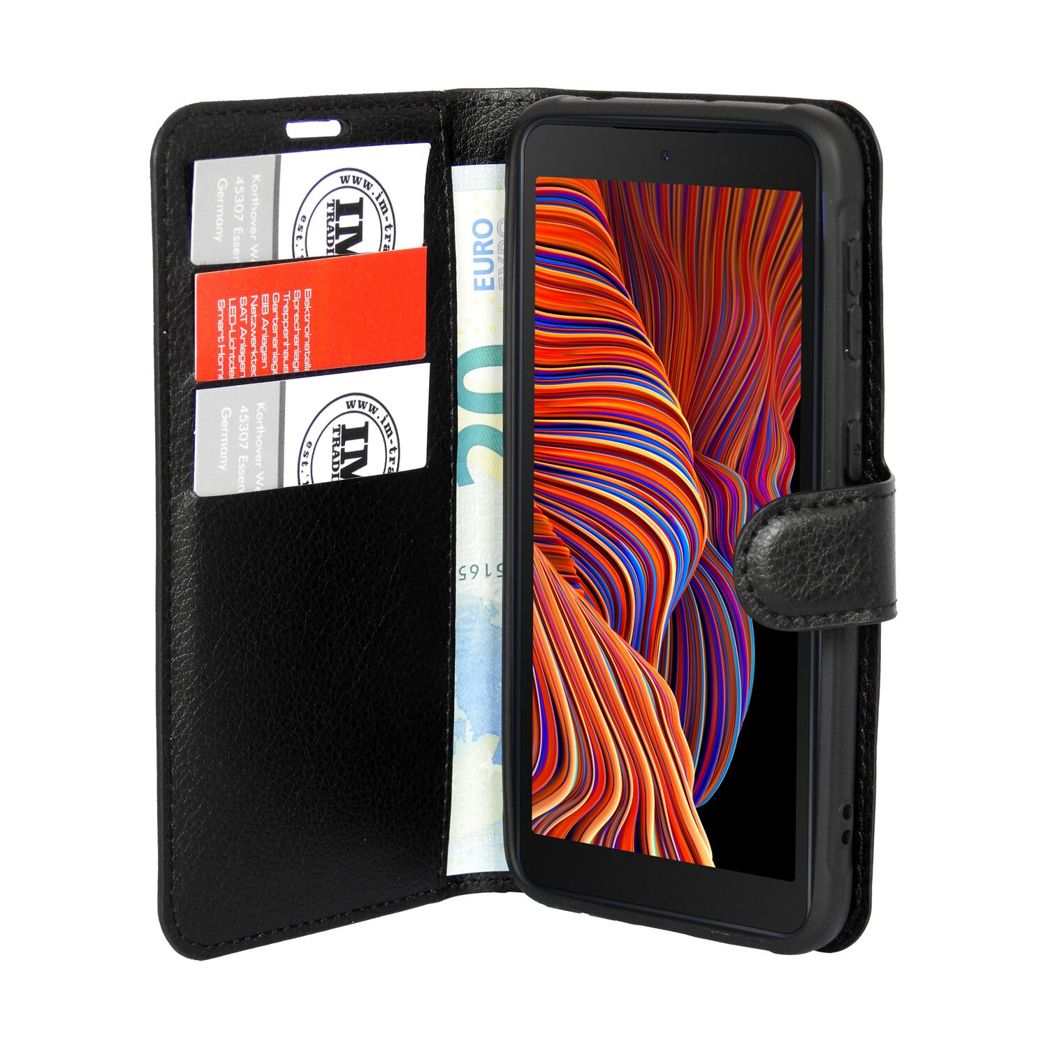 Eine schwarze Leder-Handyhülle mit Telefon, Karten und einem 20-Euro-Schein.