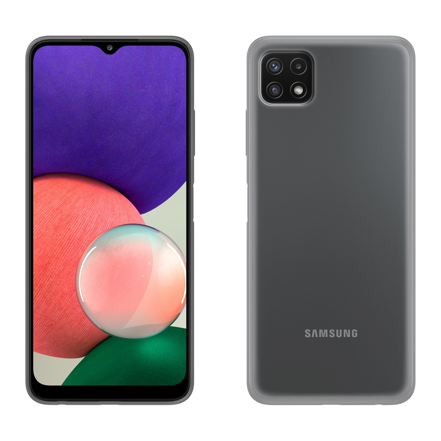 Telefon links und Hülle rechts. Lila, Orange und Grau.