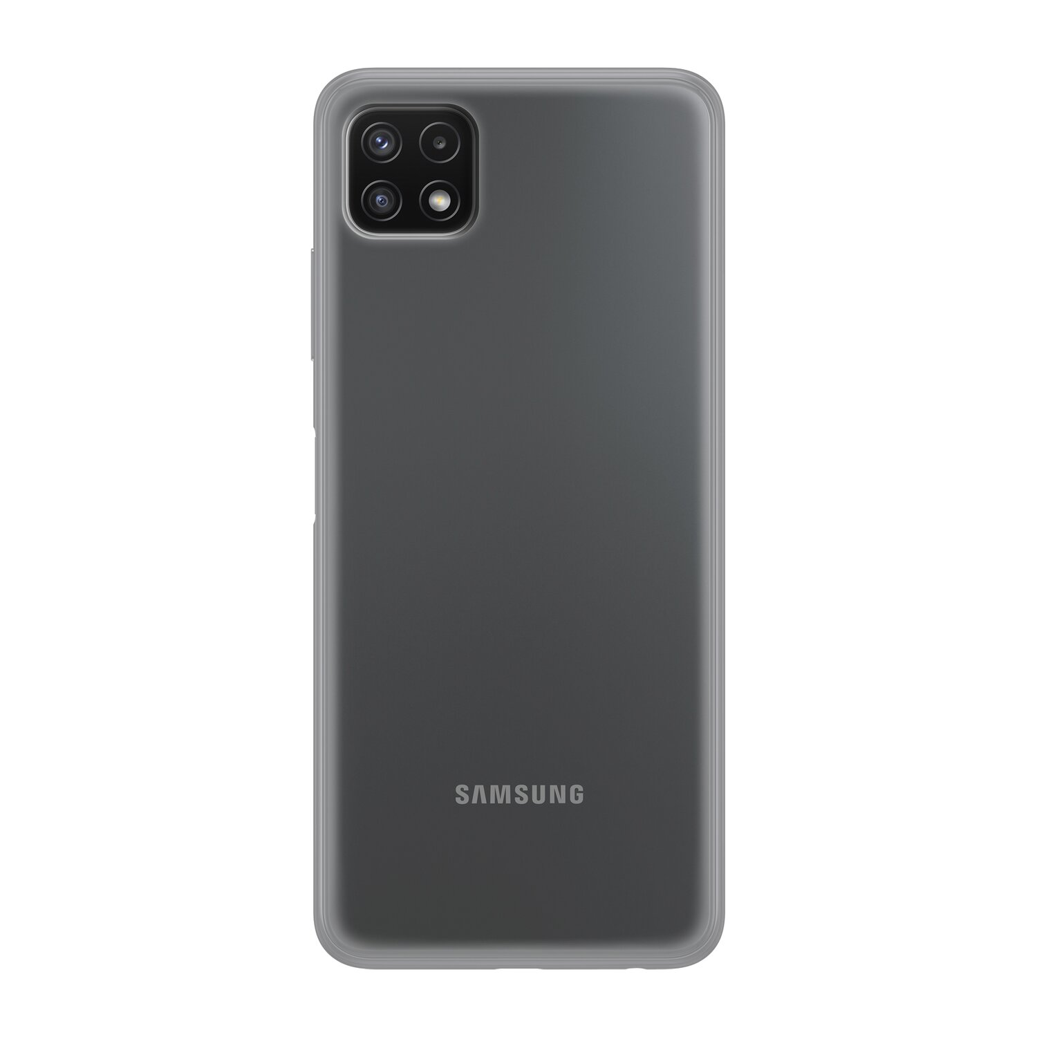 Graue Handyhülle, Rückansicht, mit Kameralinsen, weißer Hintergrund, Samsung-Logo.