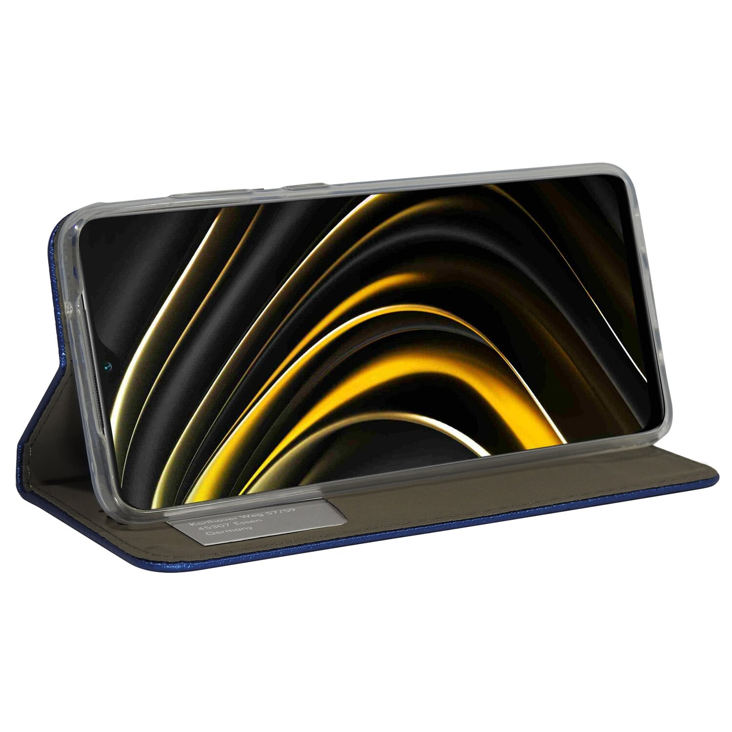 Ein Smartphone in einem blauen Folio-Etui, offen, mit einem schwarz-gelben Design.