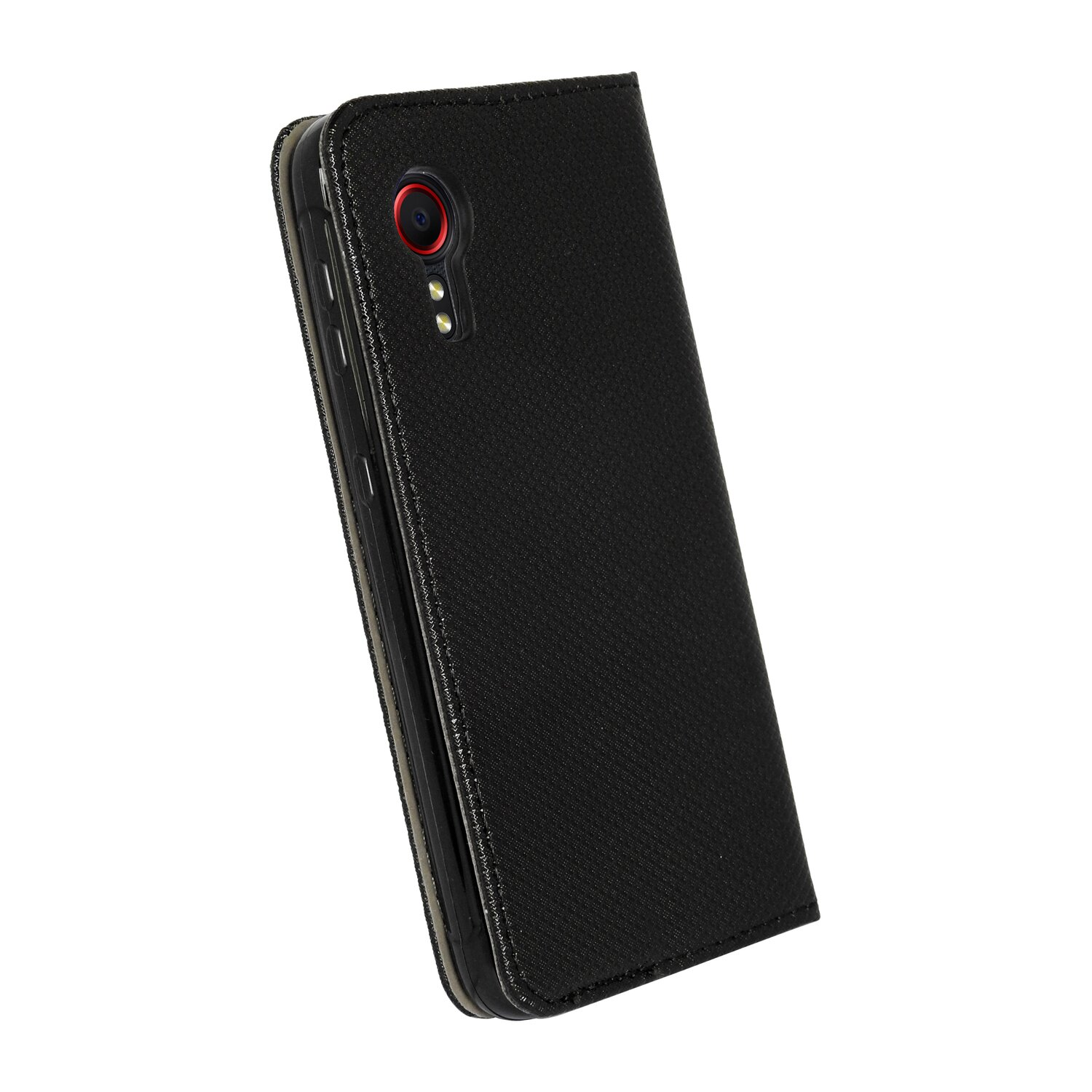 Eine schwarze Handyhülle, geöffnet, mit einem Telefon. Die Hülle hat eine strukturierte Oberfläche.