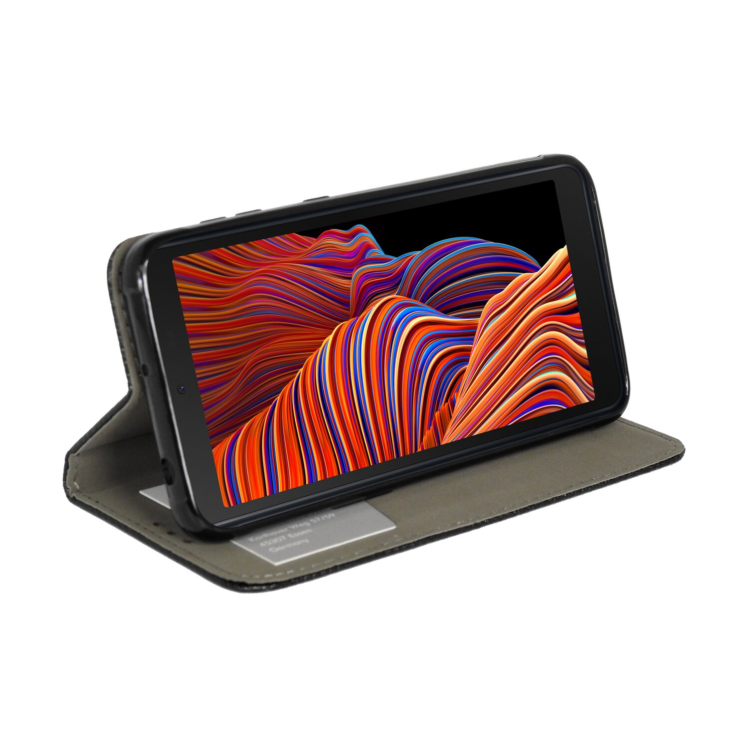 Schwarzes Telefon in einer Folio-Hülle. Die Hülle ist geöffnet und zeigt den Bildschirm des Telefons mit bunter abstrakter Kunst.