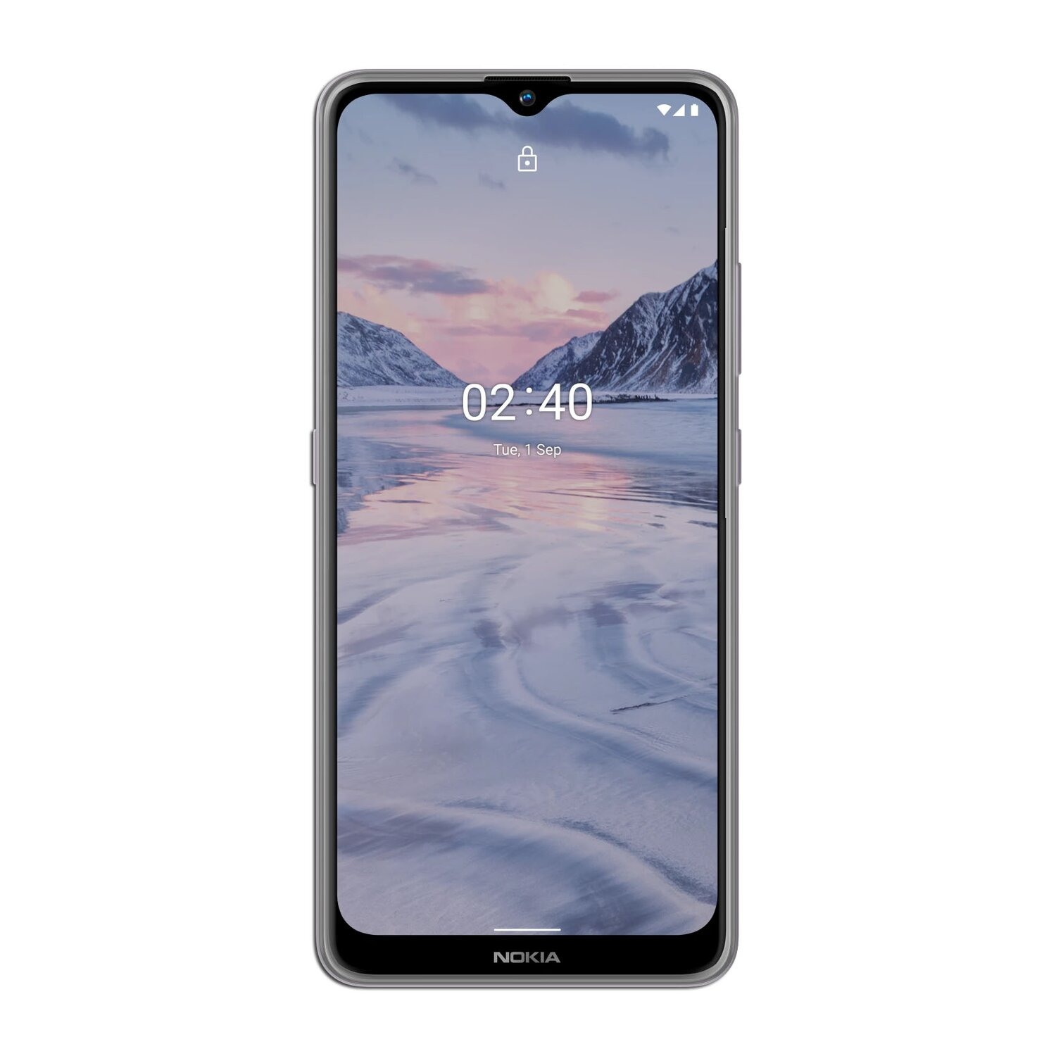 Nokia-Smartphone mit schneebedeckter Berglandschaft auf dem Bildschirm, vor weißem Hintergrund.
