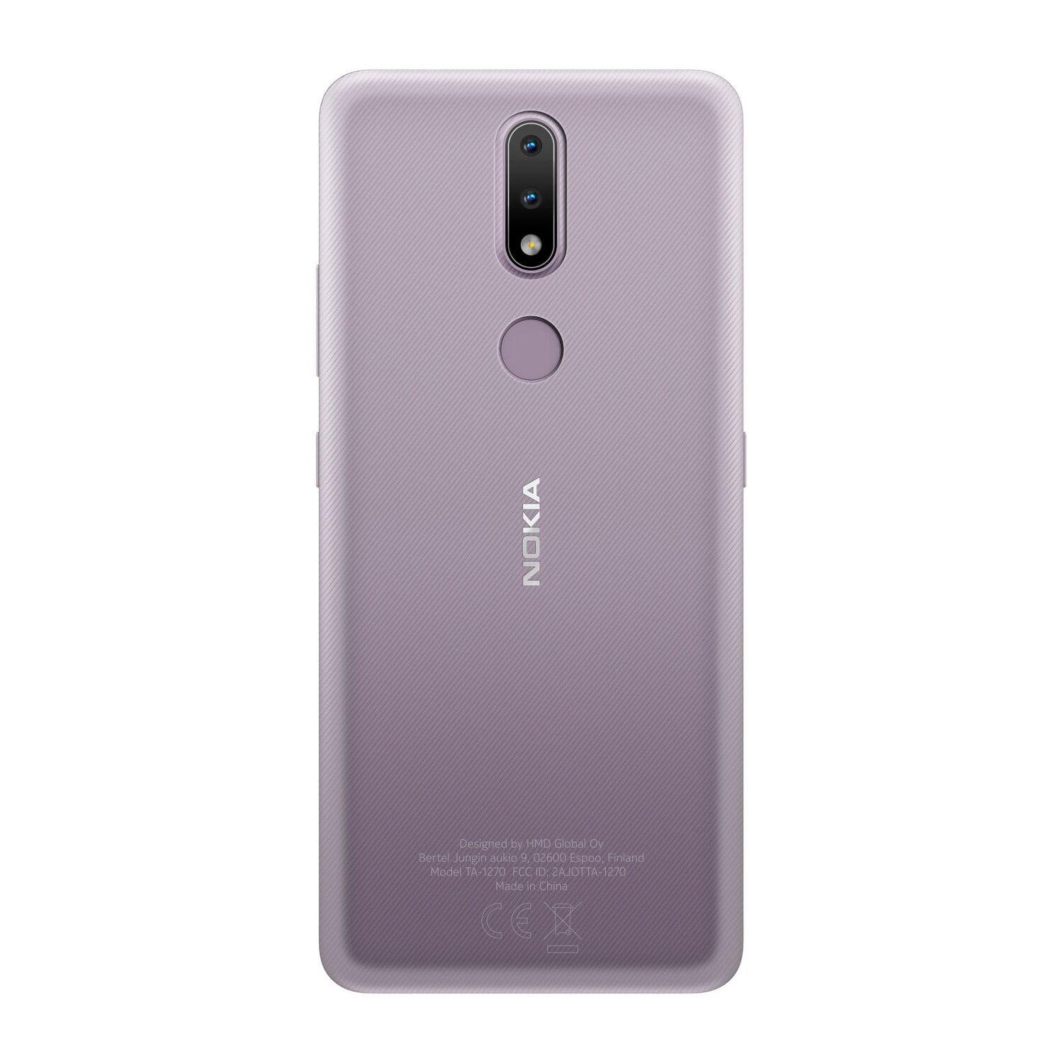 Lila Telefon. Die Rückseite des Telefons wird gezeigt. Das Telefon hat eine Dreifachkamera und das Nokia-Logo. Einfarbige Farbe.
