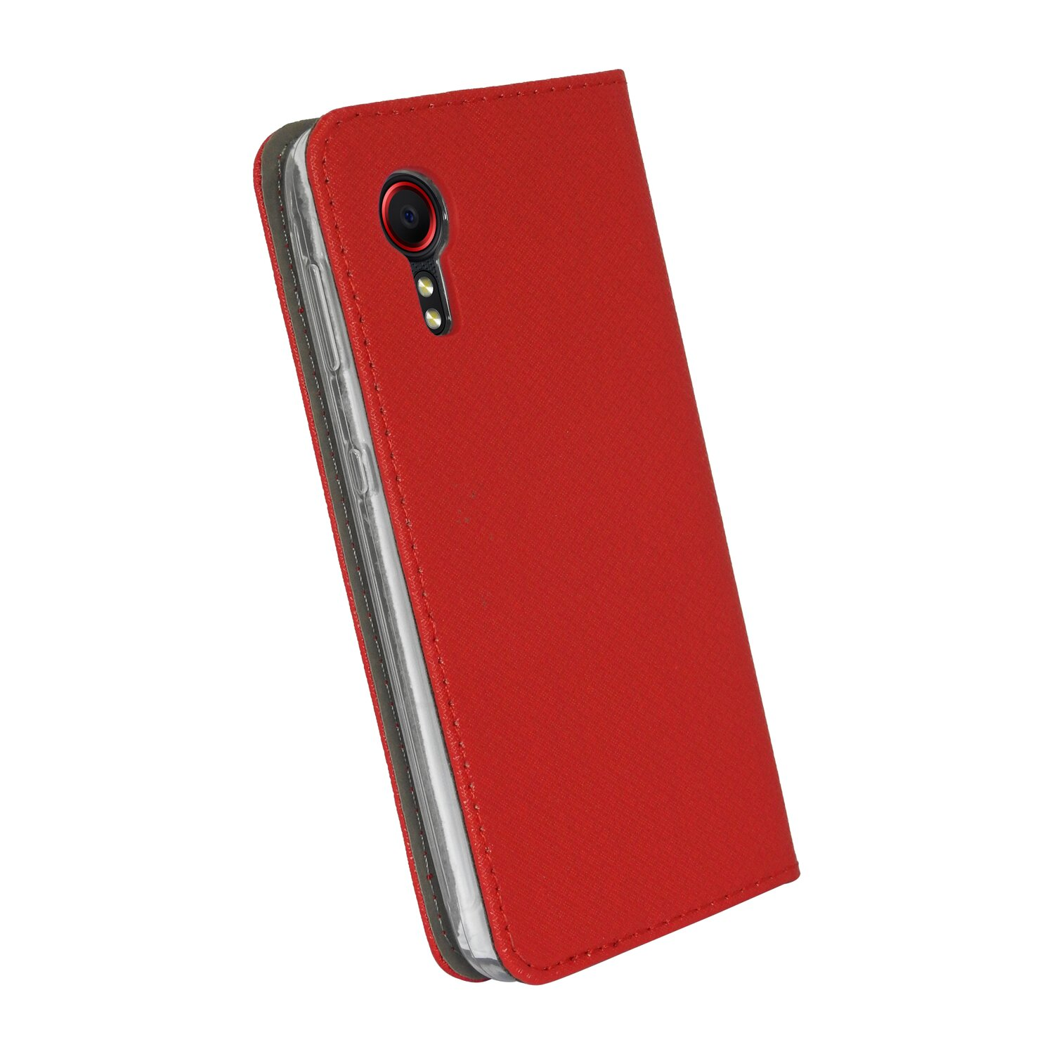 Eine rote Handyhülle in geöffneter Position, die das Telefon auf einer weißen Oberfläche zeigt.