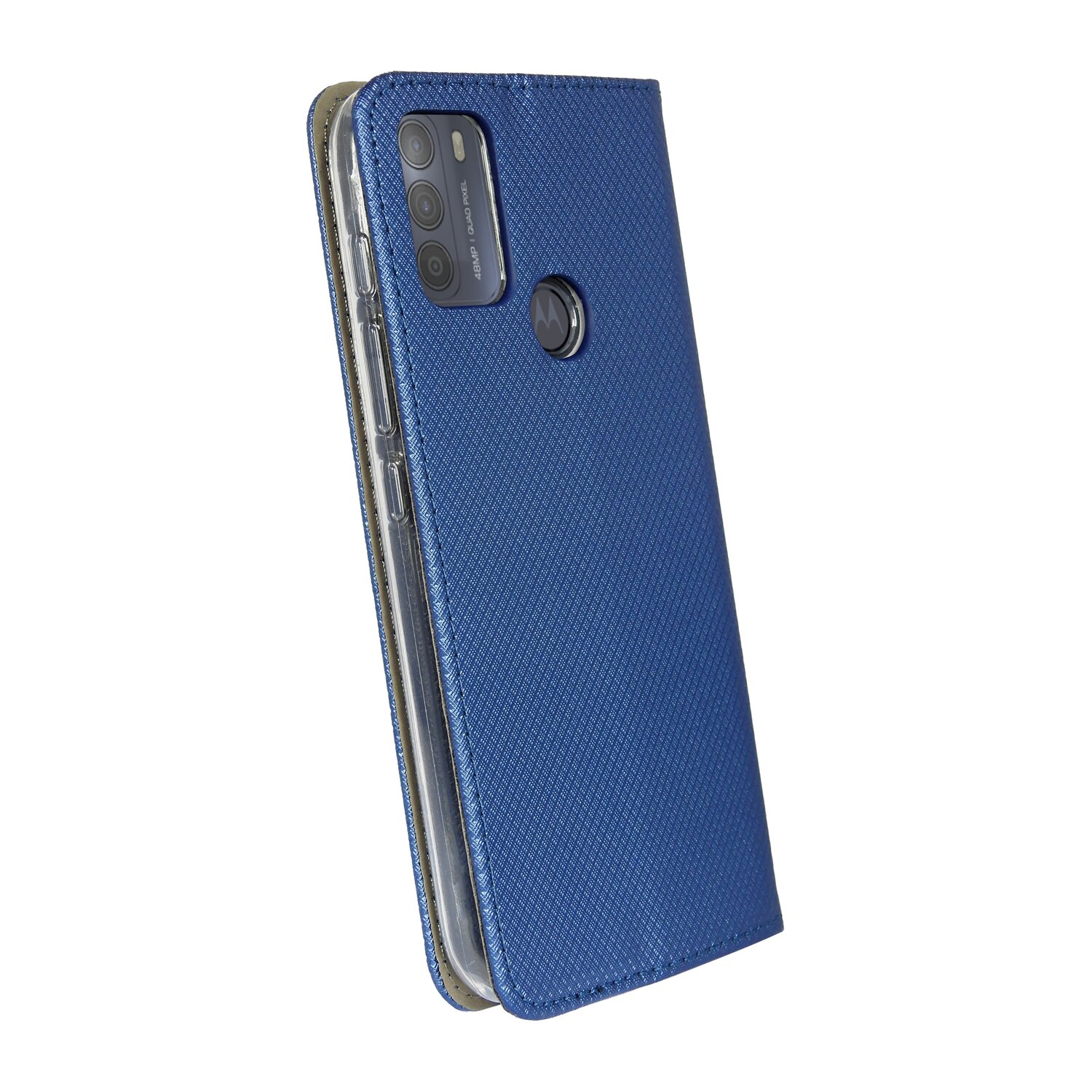 Blaue strukturierte Handyhülle mit Telefon, Kamera und Knöpfen sichtbar.