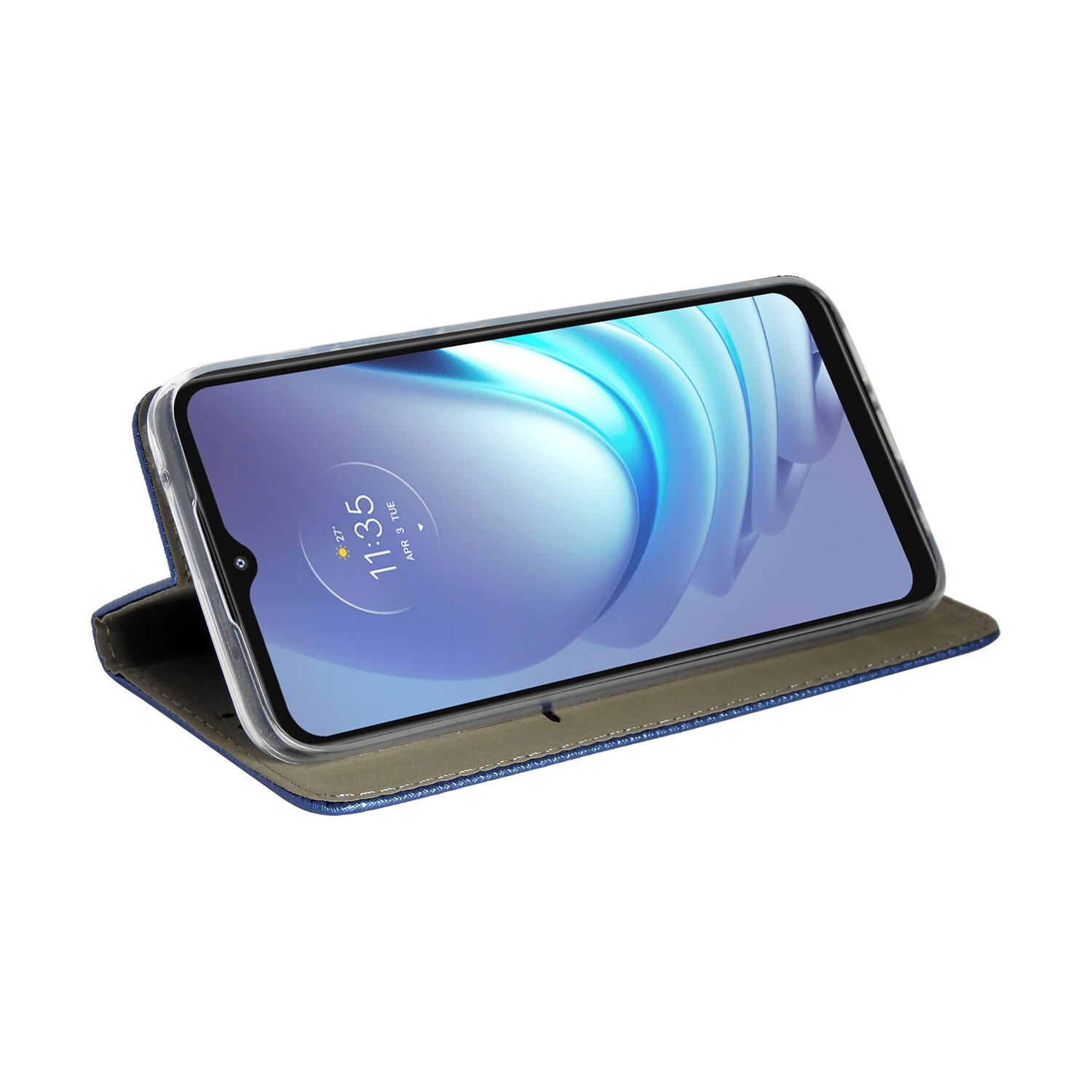 Offene blaue Handyhülle mit einem Telefonbildschirm, der die Uhrzeit 11:35 anzeigt. Der Hintergrund ist ein blauer Stoff.