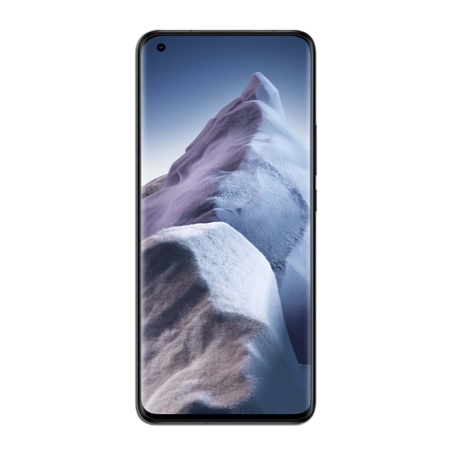 Ein schwarzes Smartphone mit einem Display, das eine Bergkette mit Schnee zeigt. Das Telefon ist zentriert und im Fokus.