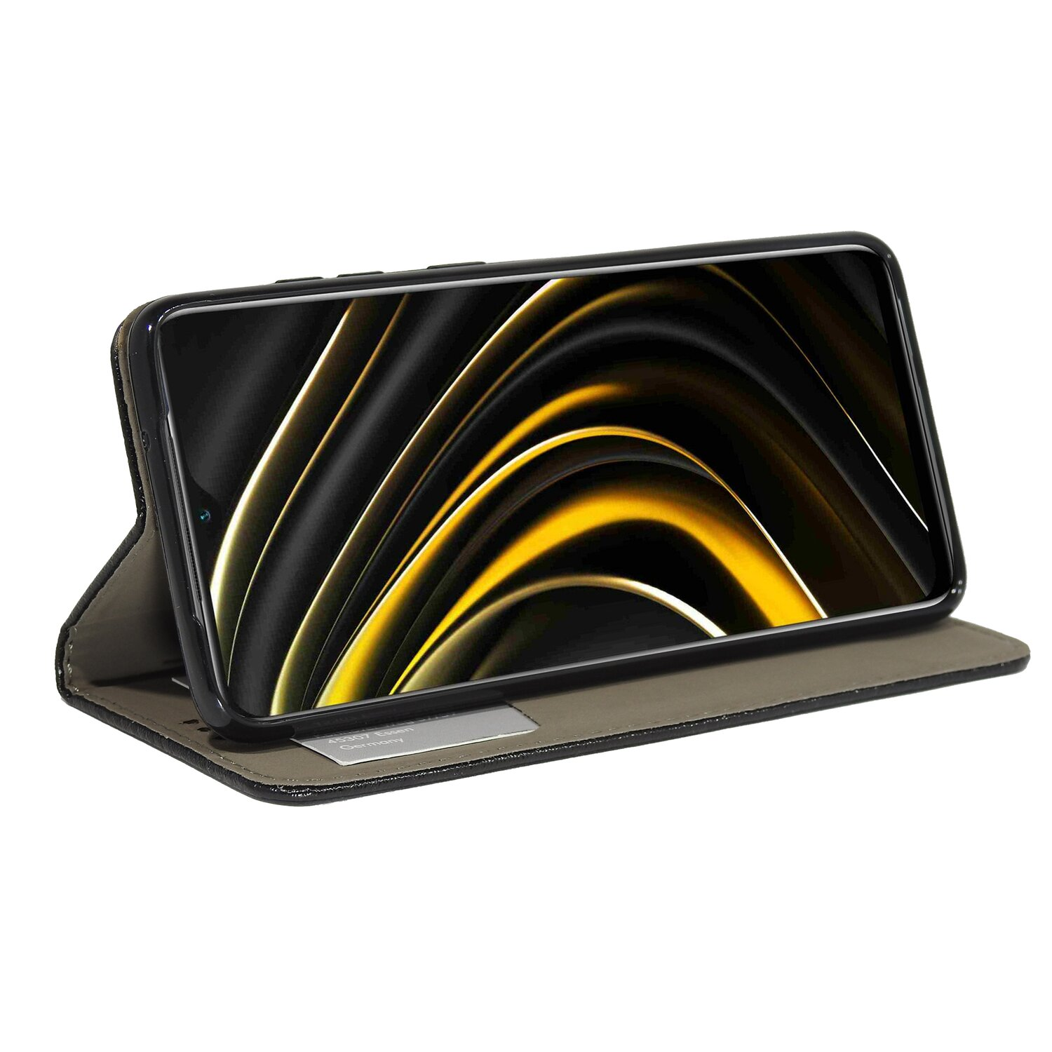 Ein Telefon in einer Hülle mit einem goldgelben, wirbelnden Muster auf schwarzem Hintergrund.