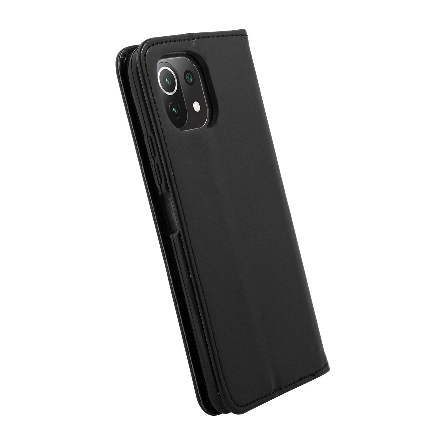 Schwarze Handyhülle mit Telefon. Geschlossen, schwarzes Lederetui.