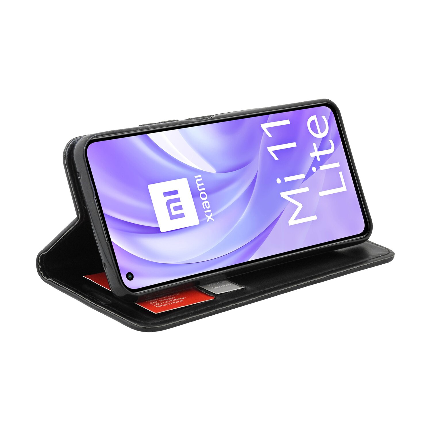 Schwarze Handyhülle mit Telefon darin. Der Bildschirm zeigt Mi 11 Lite. Weißer Hintergrund.