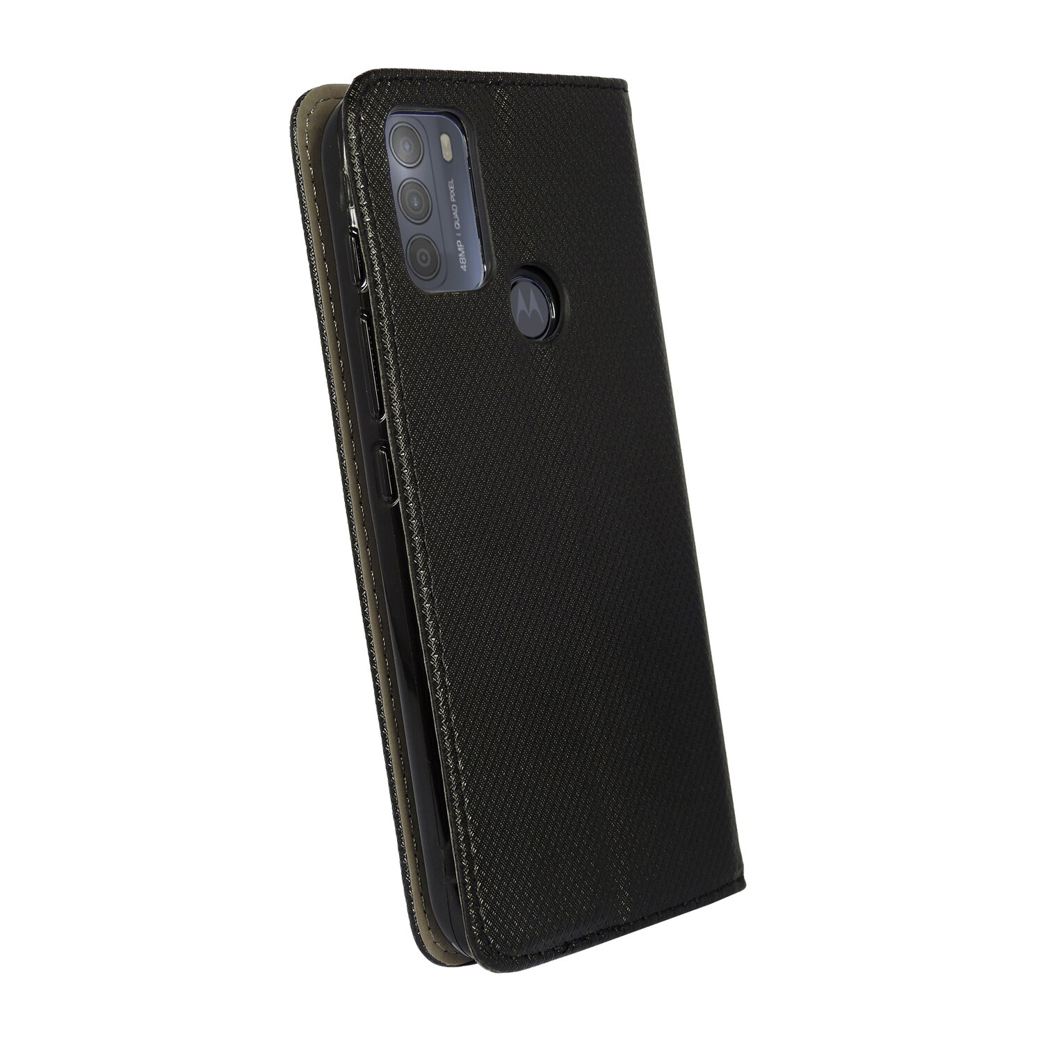 Schwarze Handyhülle, geöffnet, Telefon zeigend. Strukturierte Oberfläche, leicht abgewinkelt.