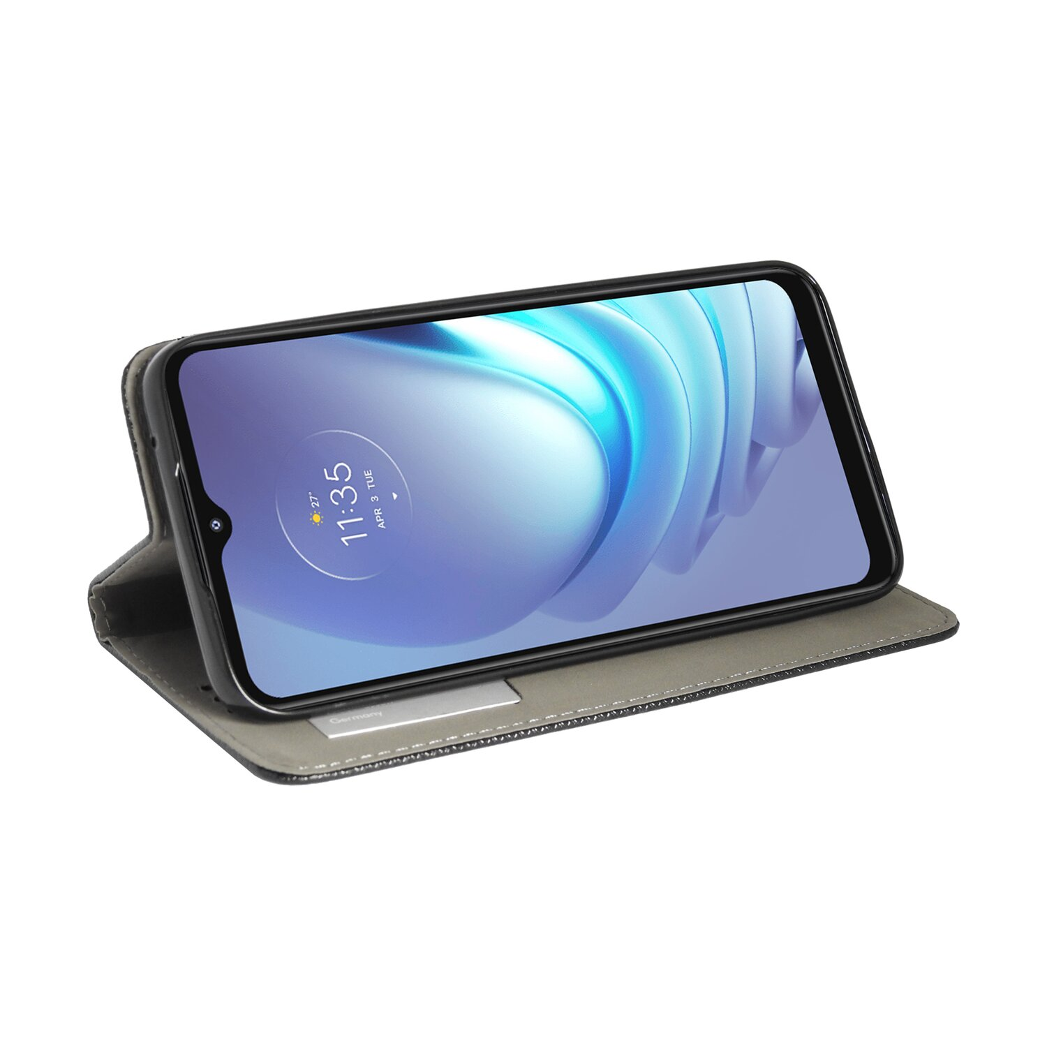 Ein schwarzes Telefon in einer Hülle, offen, um den Bildschirm des Telefons zu zeigen. Der Bildschirm zeigt einen blauen und weißen Hintergrund.