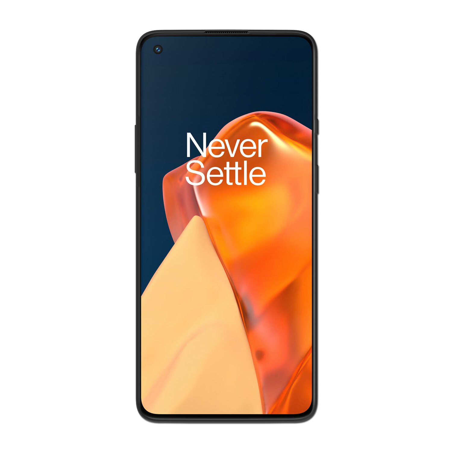 Schwarzes Telefon mit Bildschirm, der 'Never Settle' auf buntem Hintergrund zeigt.